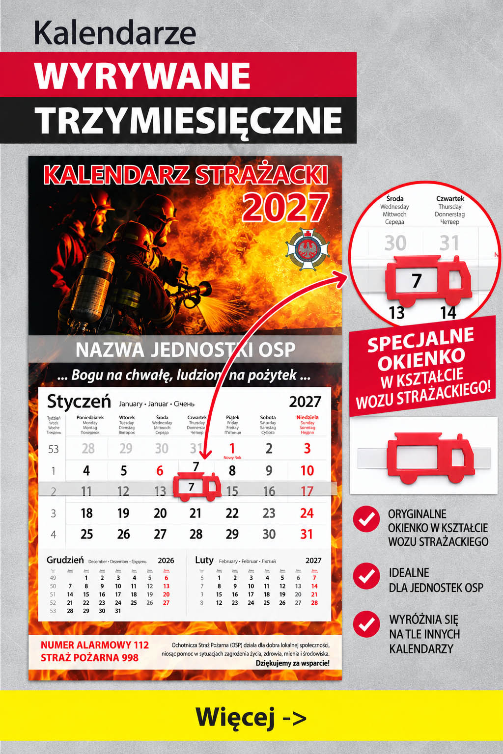 Kalendarz strażacki 2027 wyrywany trzymiesięczny drukowany na zamówienie